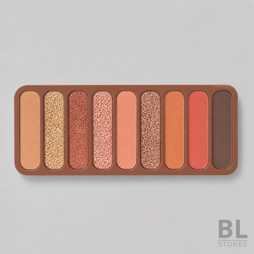 Paleta de Sombras Lineal 9 Tonos Nude Cálidos Mate y Shimmer es una paleta de maquillaje para ojos con tonos nude, dorado, cobre, rosado, coral, terracota, café y marrón oscuro, ideal para crear looks naturales, cálidos y luminosos. Su formato alargado con 9 sombras permite combinar acabados mate y shimmer para iluminar el párpado, dar profundidad a la mirada y lograr un maquillaje bien difuminado según la ocasión. Es perfecta para uso diario, maquillaje de oficina, eventos, salidas de noche o looks glam con tonos versátiles y fáciles de combinar. Encuentra la Paleta de Sombras Lineal 9 Tonos Nude Cálidos Mate y Shimmer en BL Stores, tienda online en Chile para comprar maquillaje, cosméticos y productos de belleza con estilo, practicidad y excelente presentación.