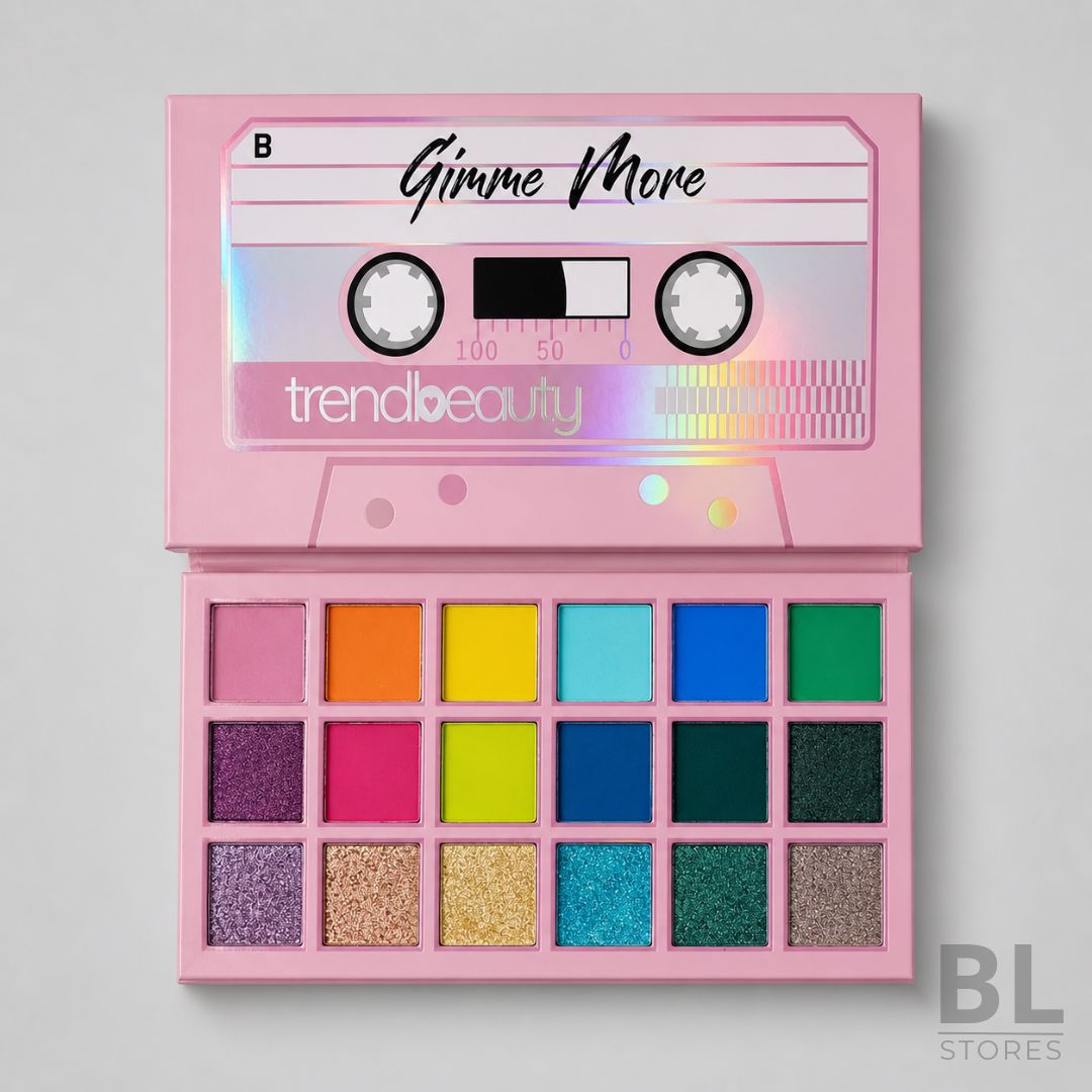 Paleta de Sombras TrendBeauty Gimme More 18 Tonos es una paleta de maquillaje colorida y moderna, ideal para crear looks de ojos llamativos, creativos y con acabado profesional. Incluye 18 sombras en tonos rosados, naranjos, amarillos, turquesas, azules, verdes y glitter, combinando acabados mate y brillantes para difuminar, iluminar y dar intensidad a la mirada. Es perfecta para fiestas, eventos, maquillaje artístico, producciones de belleza o para quienes buscan una paleta compacta con colores vibrantes en un solo producto. Su diseño rosado inspirado en un cassette retro le da un estilo único y atractivo para sumar al cosmetiquero. Encuentra la Paleta de Sombras TrendBeauty Gimme More en BL Stores, tu tienda online en Chile para comprar maquillaje, paletas de sombras, cosméticos y productos de belleza con variedad, estilo y confianza.