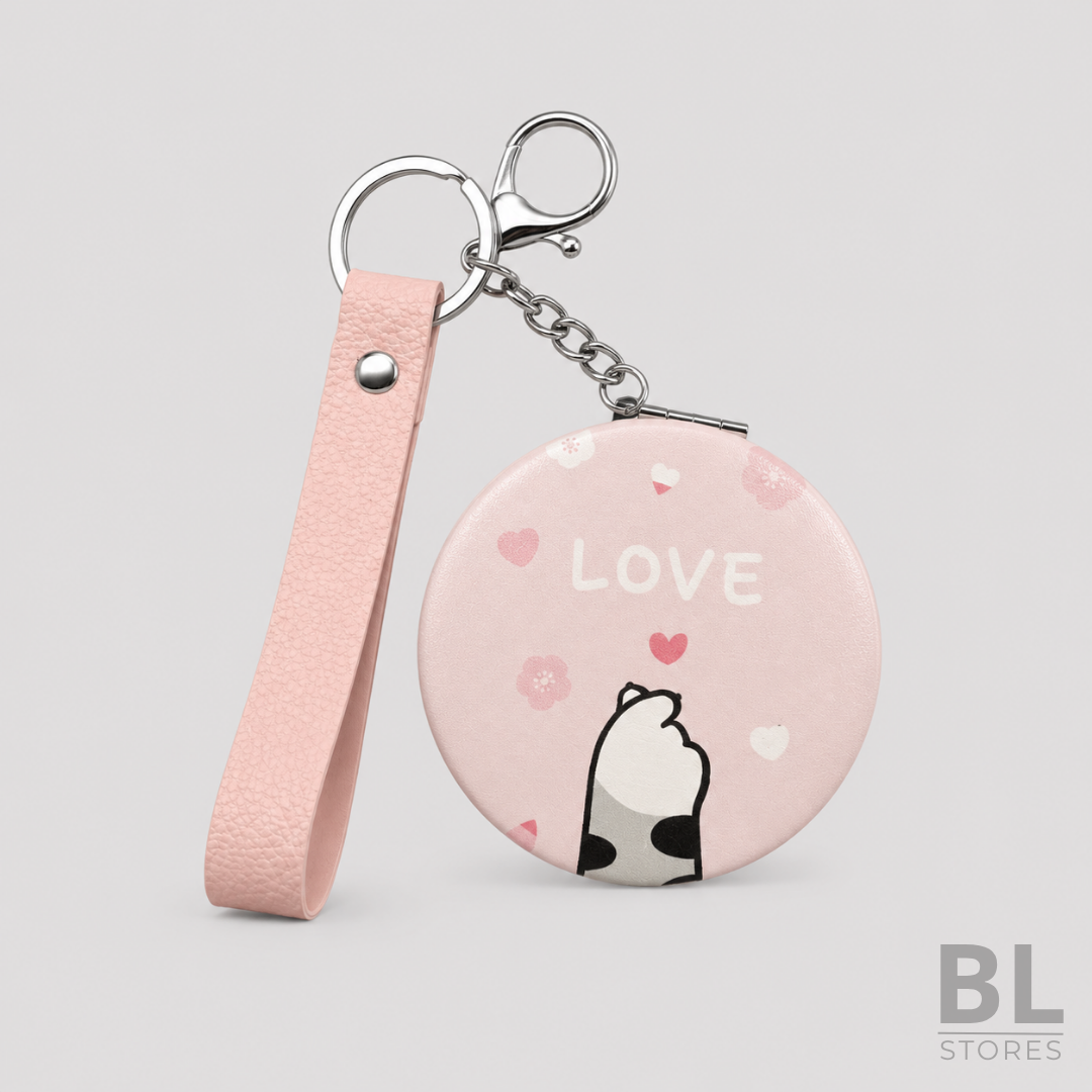 Espejo Llavero Doble con Aumento Gatito Love Rosado